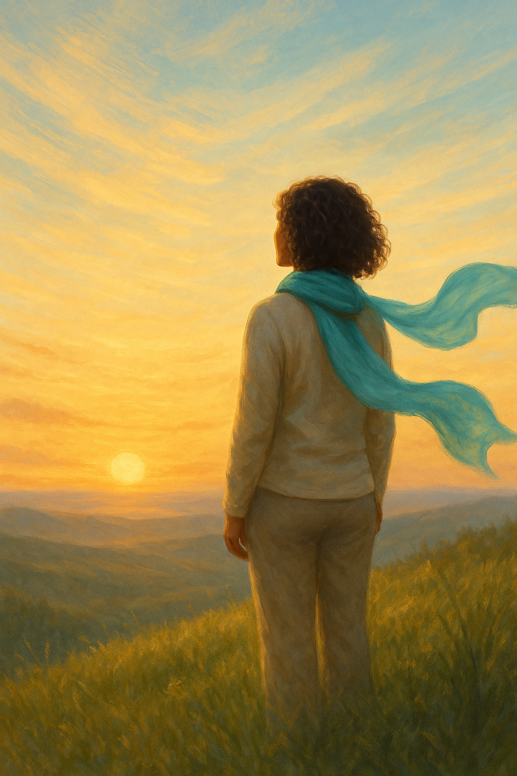 Woman looking toward the horizon with hope and resolve