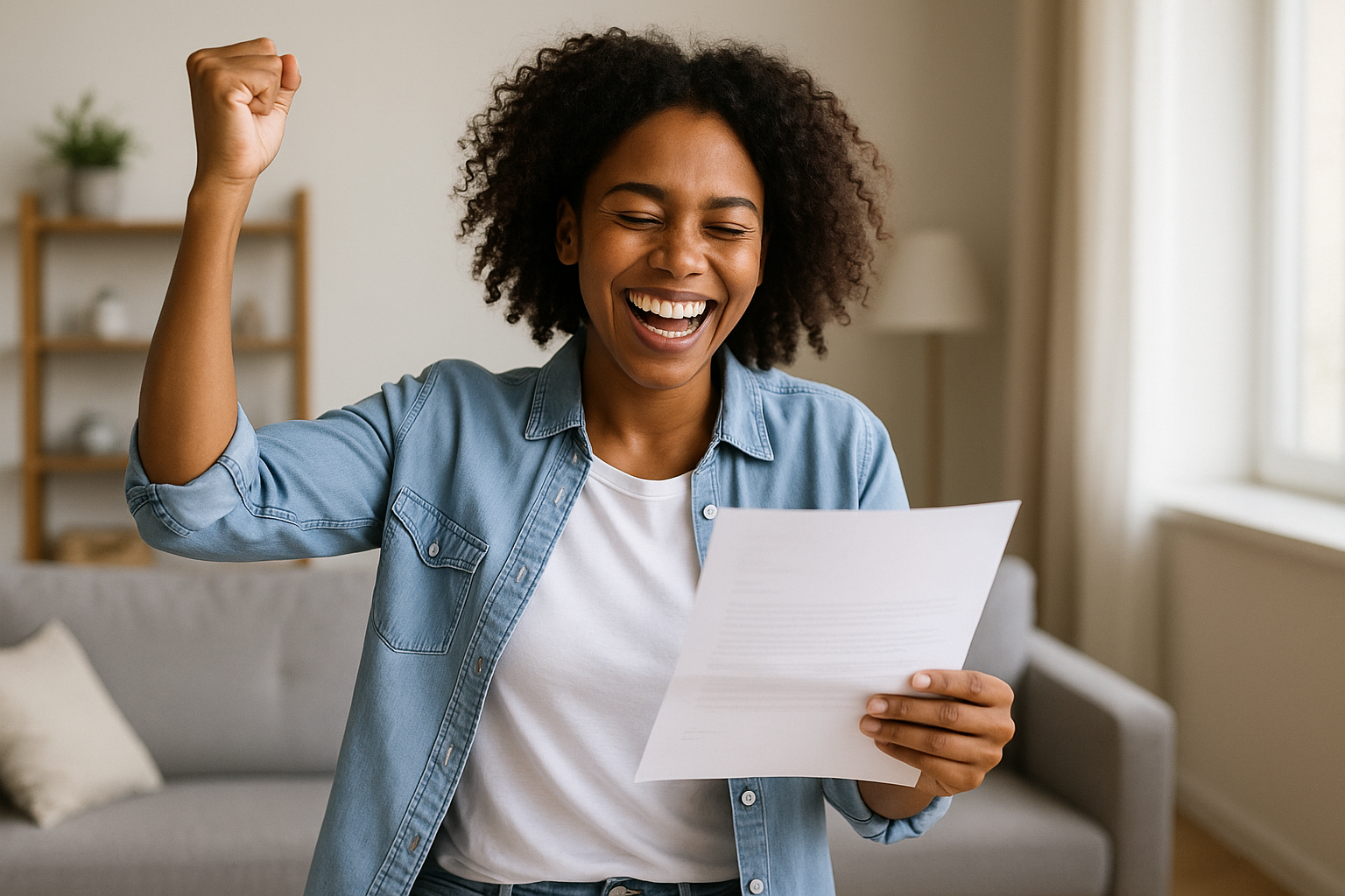 Person holding clearance certificate, celebrating financial freedom